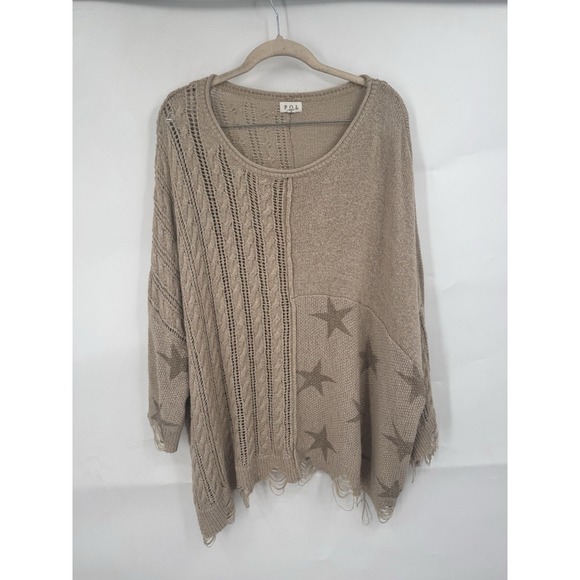 POL Sweaters - POL Knit Distressed Star Print Sweater Oversized Women S Brown Granolagirl Retro